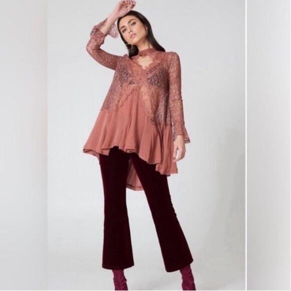 Free People Tell Tale Cutout Lace Tunic Mini Dress Rusty Rose in Rosey Coral - Picture 2 of 10